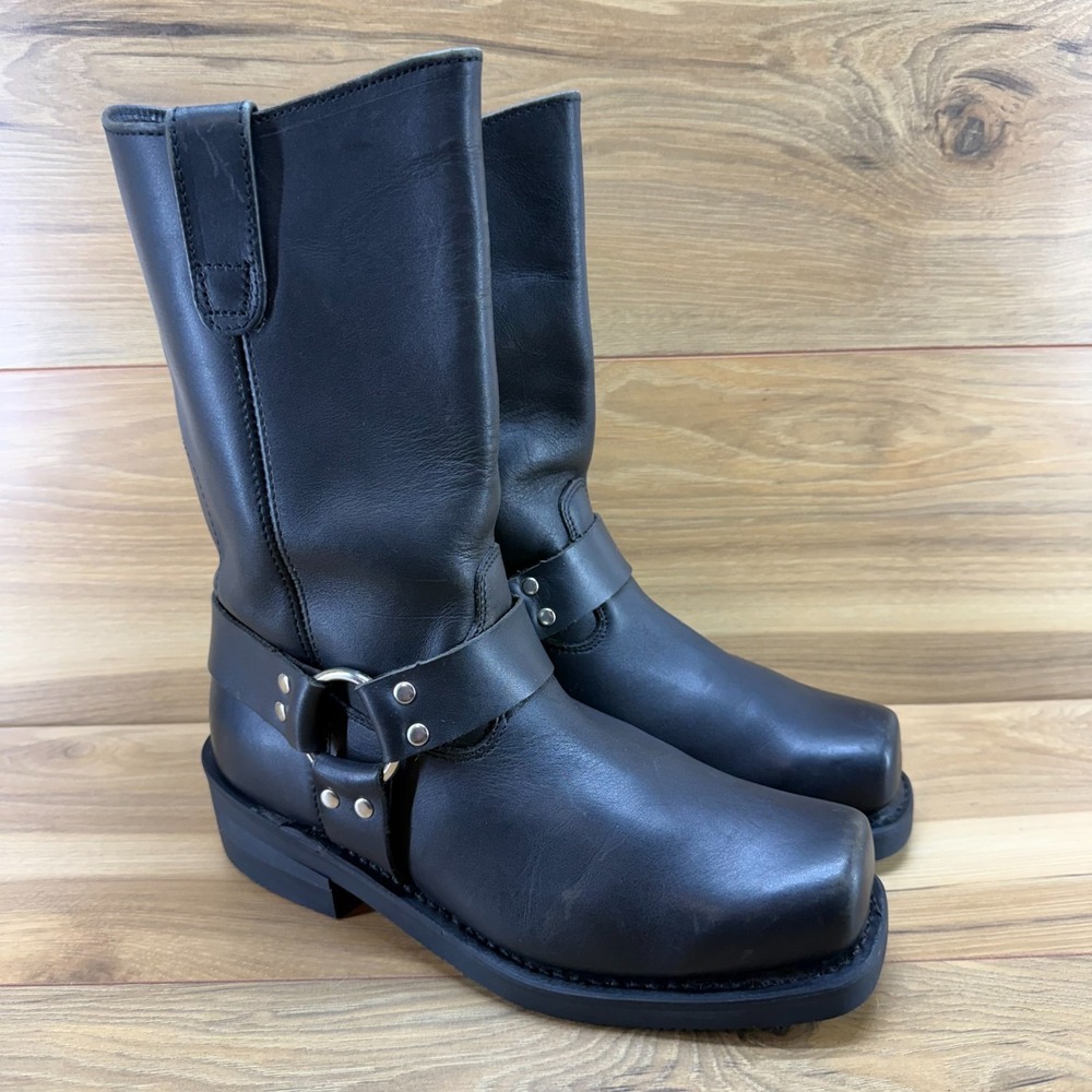 Double H Harness Biker Boots Mens 9 EE Black Leather Square Toe Moto Riding Pull